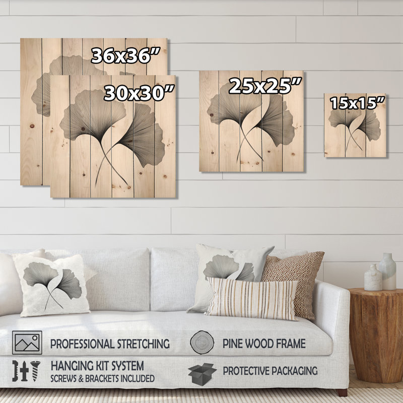 Ginkgo gris et blanc minimaliste, feuilles I - feuilles, art mural sur bois de pin naturel, H 36 po x l 36 po