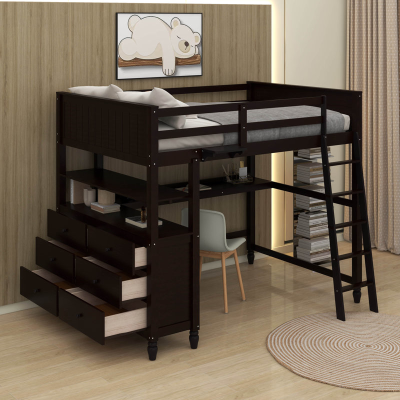 Lit mezzanine double avec tiroirs, bureau et tablettes, Espresso