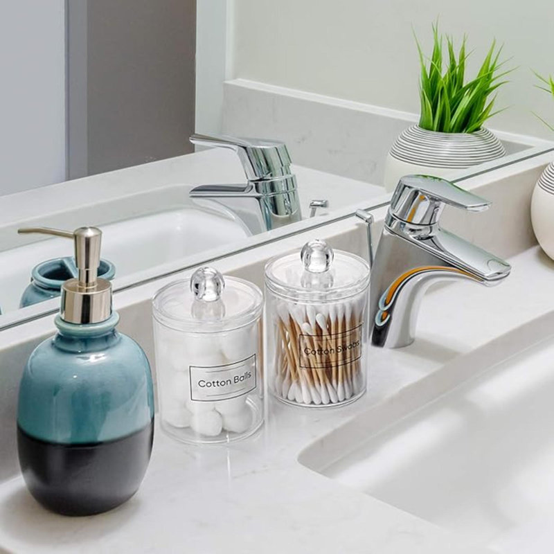 2 PACK Acrylic Cotton Swab Holder Dispenser For Cotton Swabs, Balls, Pads, Floss Picks- Small Clear Plastic Canister Apothecary Jar Set, Bathroom Essentials Accessories Decor, Vanity Makeup Storage Organizer