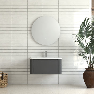 Meuble-lavabo mural de 76 cm (30 po) gris avec lavabo en céramique blanche, design moderne suspendu, poignée inclinée à 45°, tiroir à fermeture amortie, résistant à l'eau et à l'usure, grand espace de rangement, style américain.