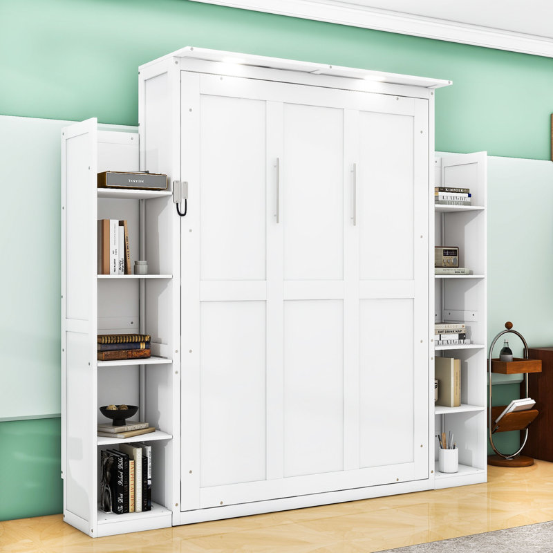 Lit escamotable en bois avec tablettes et lumières DEL Rashem, Double, Blanc