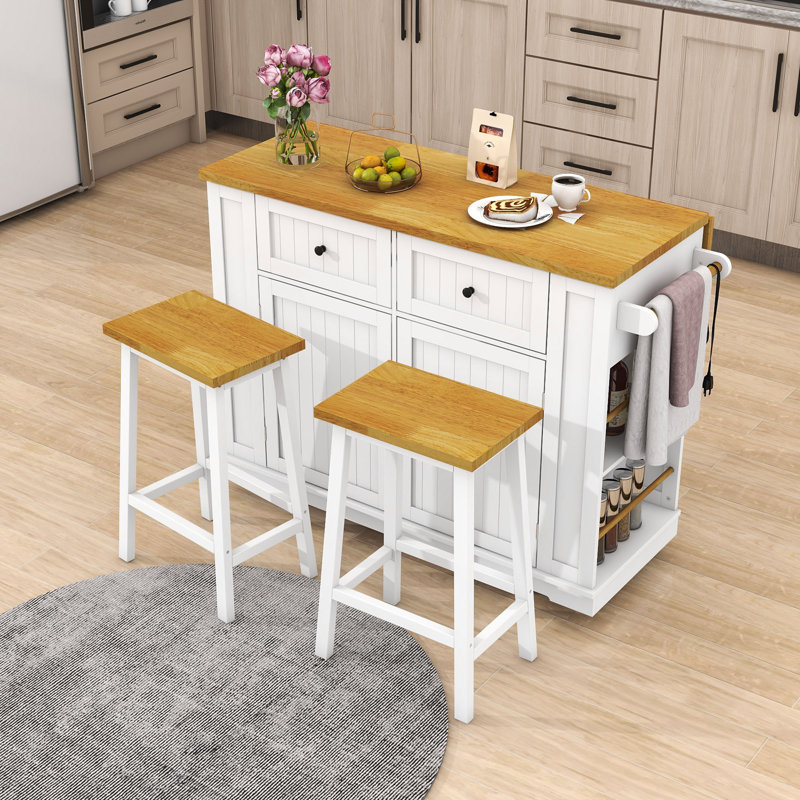 Kitchen Island with 2 Bar Stools, Power Outlet, Storage Rack and 2 Drawers, White
