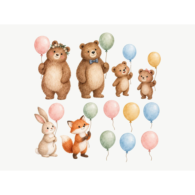Bear Family Balloon Wall Decals, Set of 13 Peel and Stick Nursery Wall Stickers, Satin Finish Removable Kids Room Wall Art, 20"W x 20"H (50 x 50 cm)