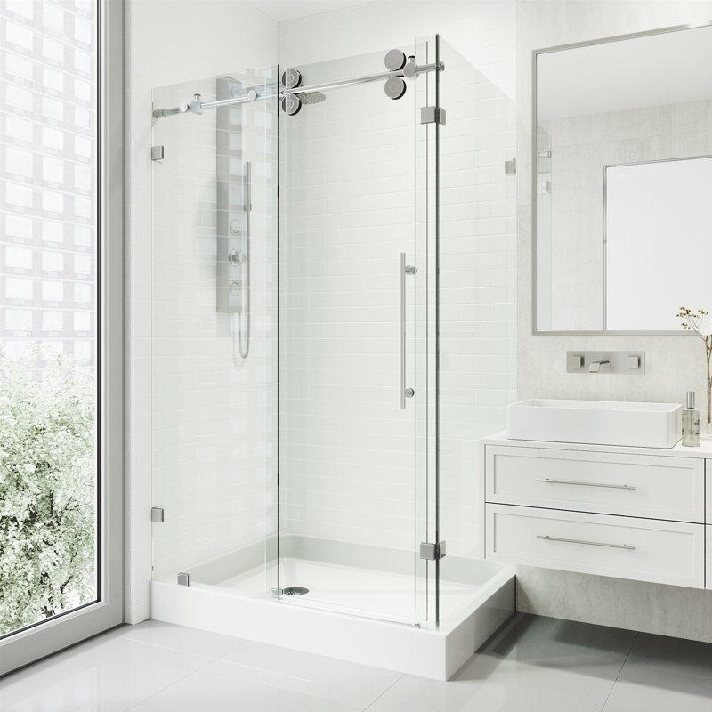 Winslow 48" W x 36" D x 80" H Sliding Frameless Shower Enclosure with 3/8  Clear Glass&Base, Chrome, Left