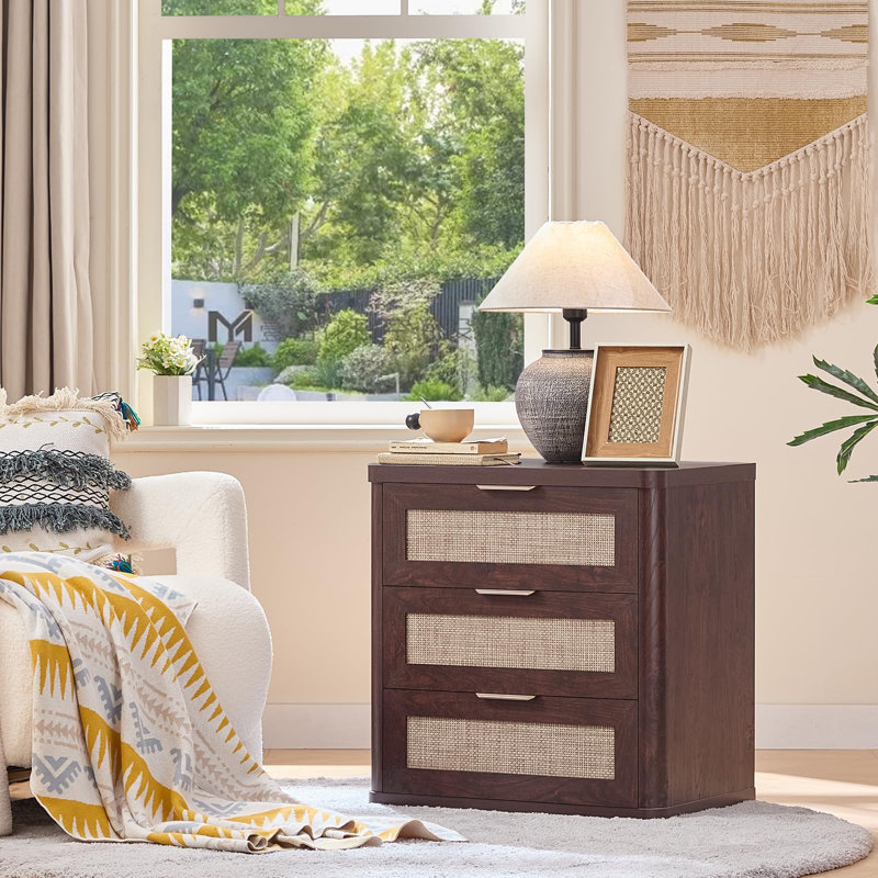 Rattan Night Stand with Drawers, 23" Large 3 Drawer Boho Nightstand, Bedside Table Storage Cabinet, Bed Side End Tables Dresser for Bedroom, Living Room, Hallway, Closet