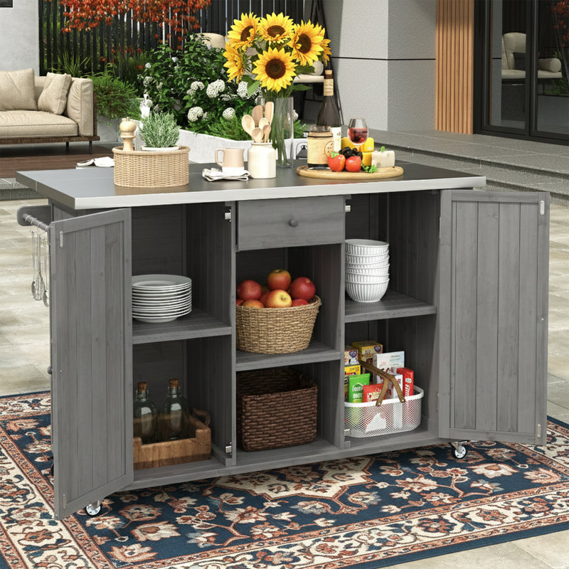 52" Outdoor Kitchen Island / Pizza Oven Stand with Stainless Steel Top - Foldable Rolling BBQ Prep Cart - Gray, Gray