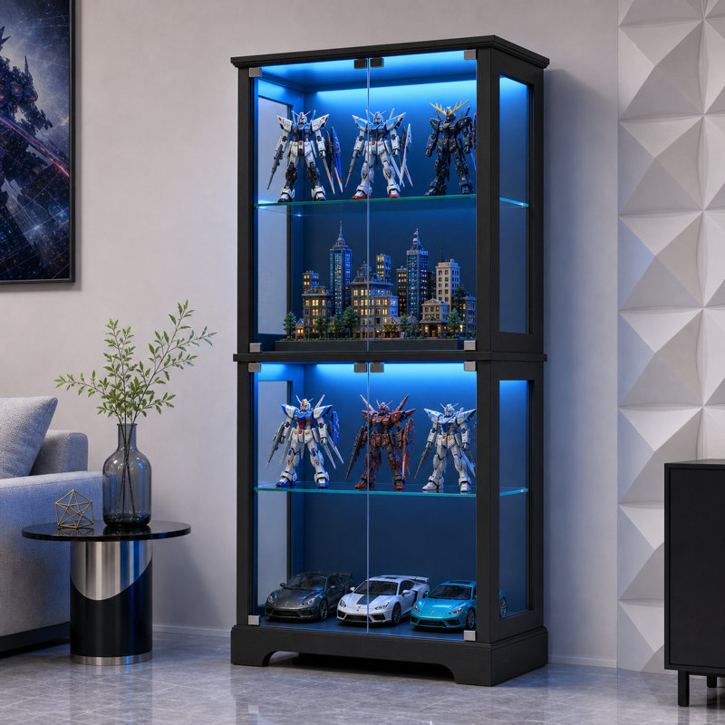 Vitrine 65 po en verre moderne avec éclairage à DEL intelligent RVB, synchro de musique et présentoir, H 65 po, Blanc