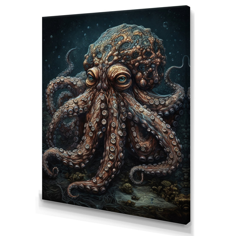 «Brown Octopus Under The Sea - Octopus», reproduction d'art sur toile encadrée, H 20 po x l 12 po, Toile tendue