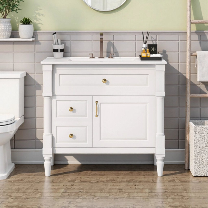 36 Inch Freestanding Bathroom Vanity with Ceramic Sink, Solid Rubberwood & MDF Cabinet with Flip Drawer, Adjustable Shelf, and Metal Hardware in White
