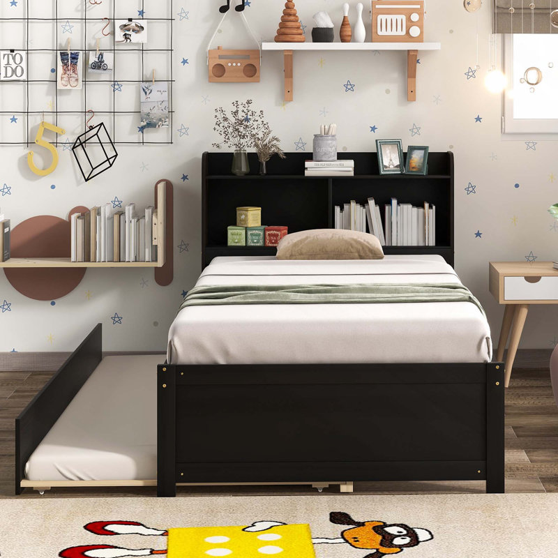 Lit plateforme en bois avec bibliothèque de tête de lit et lit gigogne escamotable pour invité, Espresso