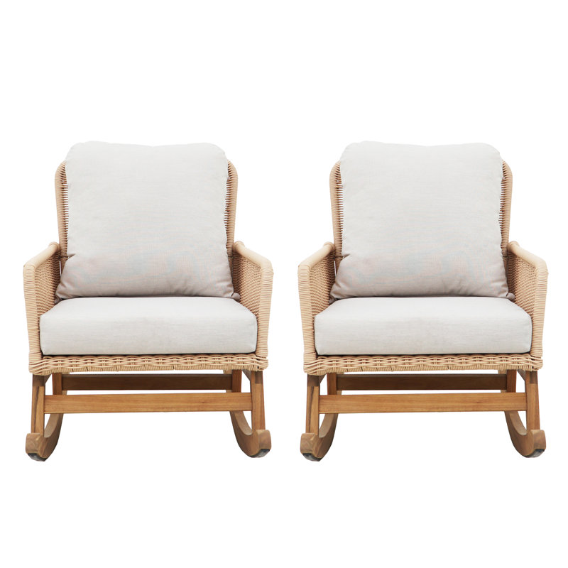 Chaise berçante moderne en osier avec coussins Modern PE (ensemble de 2), Beige, Bois naturel