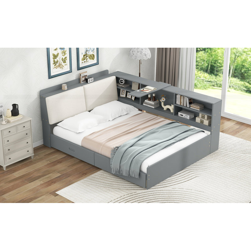 Lit plateforme en bois avec tête de lit, tablettes et 2 tiroirs, gris