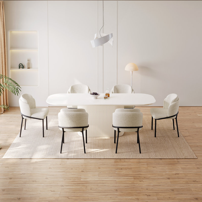 Ensemble de table de salle à manger 86,61 "ovale blanc crème avec 6 chaises pour la cuisine, le bar et le salon, Crème, crème