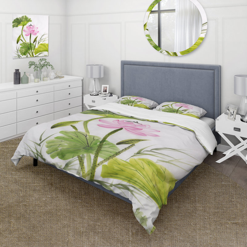 Simple fleur de lotus rétro avec feuilles vertes - ensemble de housse de couette traditionnel - microfibre de polyester