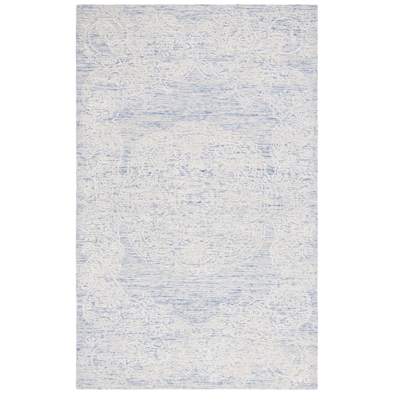 Ivory and Blue Hand-Tufted Wool Area Rug, 3' x 5'