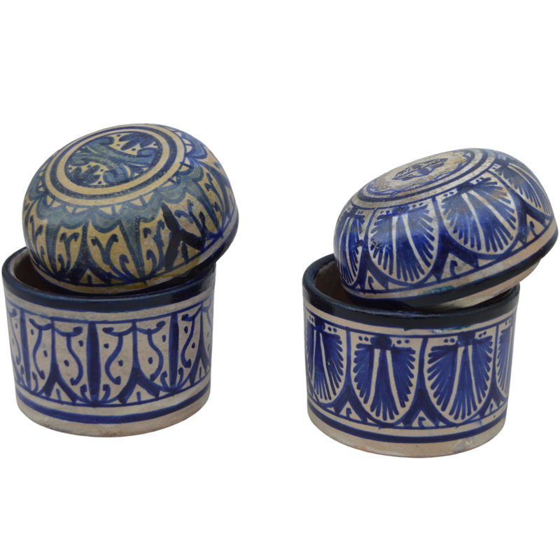 Ensemble de 2 pots à couvercle Mid-Century marocain bleu / blanc en céramique Fez
