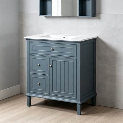 Meuble-lavabo de 30 po avec lavabo, meuble-lavabo avec un tiroir rabattable et deux tiroirs, tablette réglable, bois massif et panneau de fibres à densité moyenne