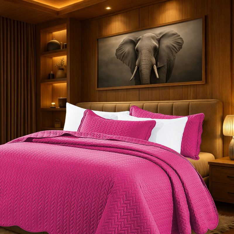 Microfiber Embossed Oversized Bedspread Set With Shams – Modern & Contemporary, Machine Washable, Dust-Resistant, Pink