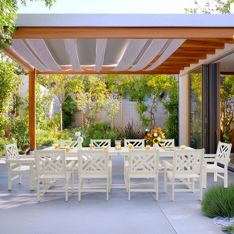 Ensemble de salle à manger 12 pièces Hdpe pour 10 personnes avec trou pour parasol, Blanc