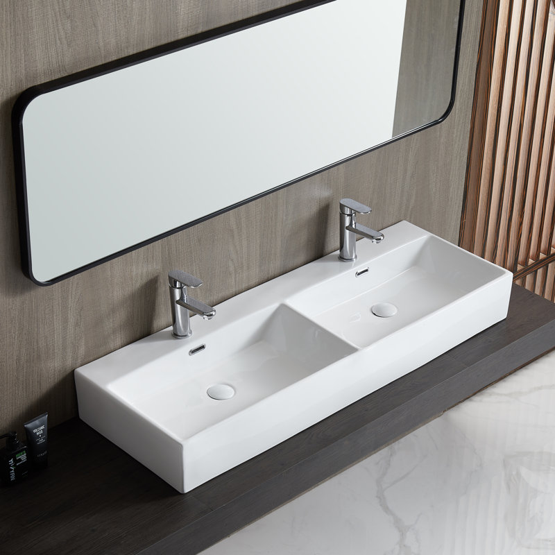 Lavabo de salle de bain mural / vasque rectangulaire en céramique blanche à double cuve pour deux Turner