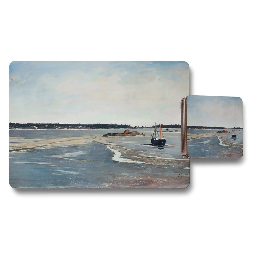 Seascape Boat Painting Placemats And Coaster Set For Dining Table