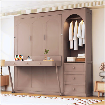 Queen Size Murphy Bed with Storage Shelf, LED Light Closet Rod, and 3 Drawers for Space-Saving and Multi-Functionality