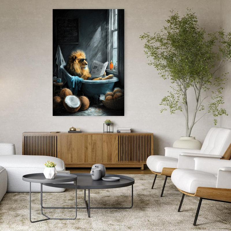 Lion dans une baignoire 2, art mural lion contemporain, H 48 po x l 32 po
