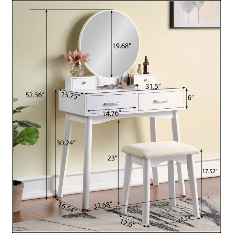Contemporary Wood Vanity And Stool Set With 2 Drawers, Pink
