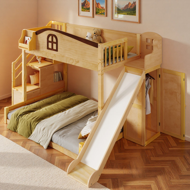 Lit superposé avec escalier de rangement, tablette, glissade et garde-robe, Naturel
