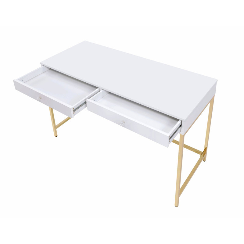 Bureau d'écriture avec pied en métal et 2 tiroirs de rangement, Blanc