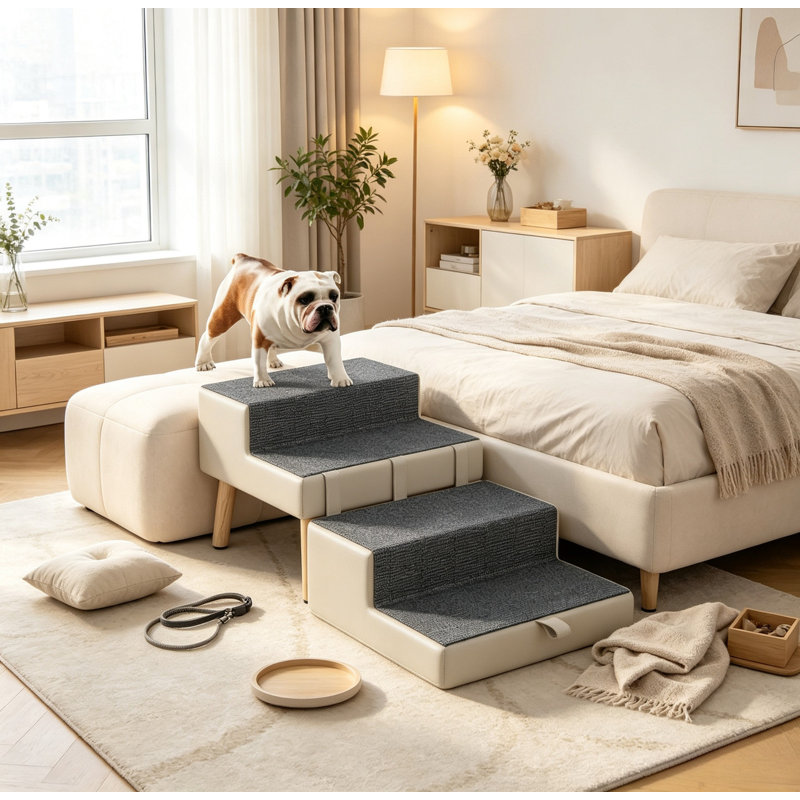 Marche-pieds convertibles gris pâle pour animaux de compagnie, rampe pliable en bois et PVC pour chiens, escalier d'intérieur antidérapant pour chiots et chats