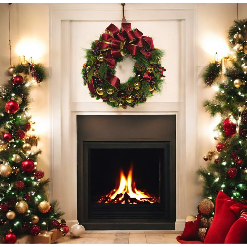 Holiday Front Door Wreath with Berries, Ornaments and Pinecones