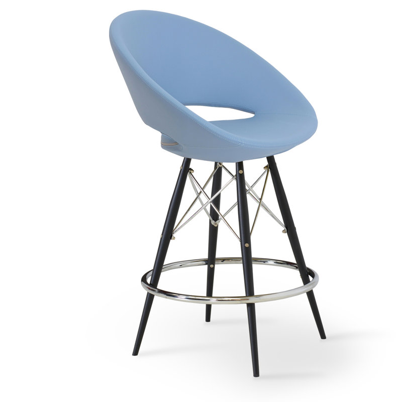 Tabouret Crescent, Tubes noirs / Repose-pieds et treillis chromés., Similicuir bleu ciel