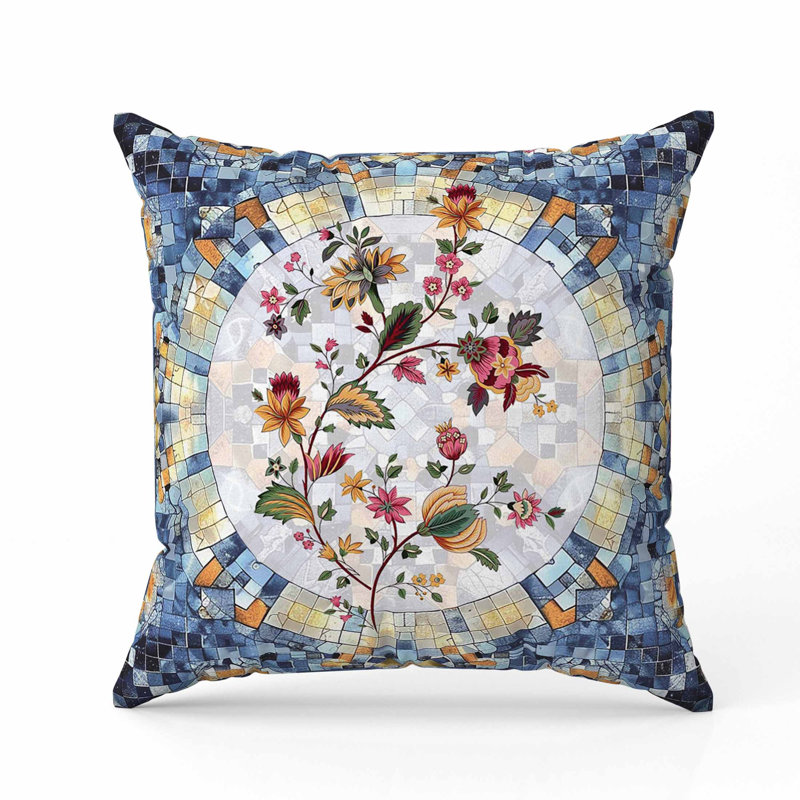Oreiller en faux suède Botanical Mosaic, Bleu / Orange, Carré 16 po