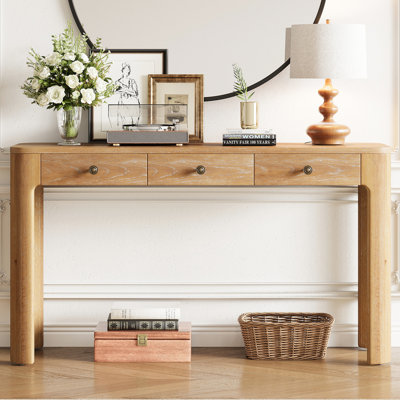 - Console conçue avec des coins arrondis, 3 tiroirs, des pieds épais, aspect bois naturel, pour le vestibule, le salon et le couloir, espace de rangement aux coins courbés, esthétique rétro, multiple idéal
