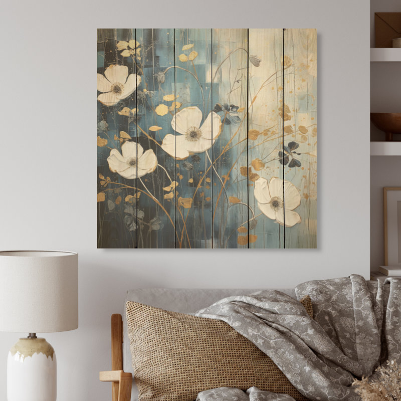 Minimalisme blanc et bleu - Bouton d'or sur bois de pin naturel, H 15 po x l 15 po