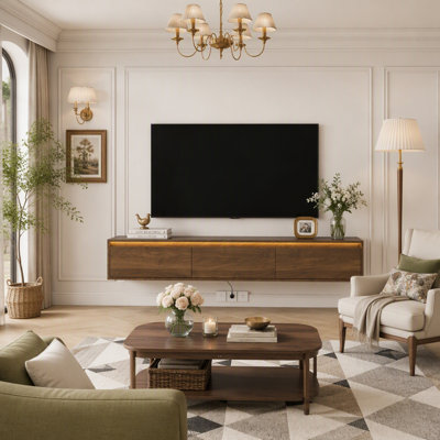 Meuble télé mural flottant avec lumières DEL, prises de courant et rangement pour les salons modernes