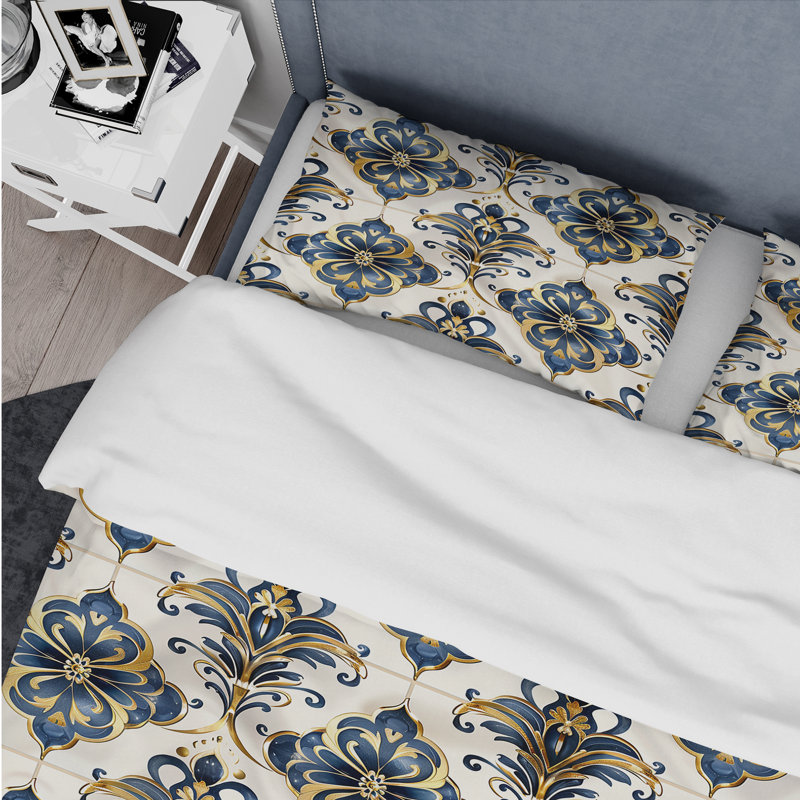 Ensemble de housse de couette Gold Blue Glam Damask Tiles - Glam, Housse de couette très grand + 2 taies décorativ