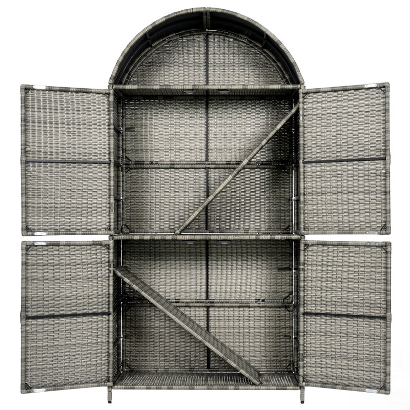 Grande armoire de rangement extérieure en osier arqué avec tablettes réglables et conception résistante aux intempéries, pour le jardin et la piscine