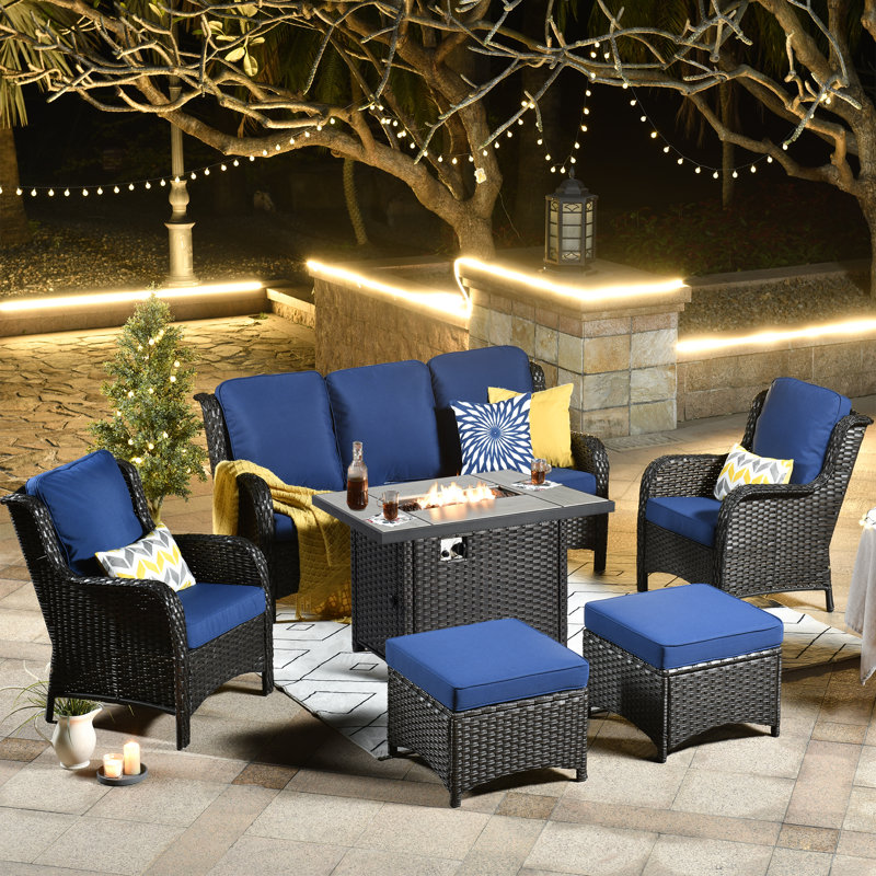 NTC Premium All-Weather Wicker 7 - Person Patio Conversation Set with Cushions, Navy Blue