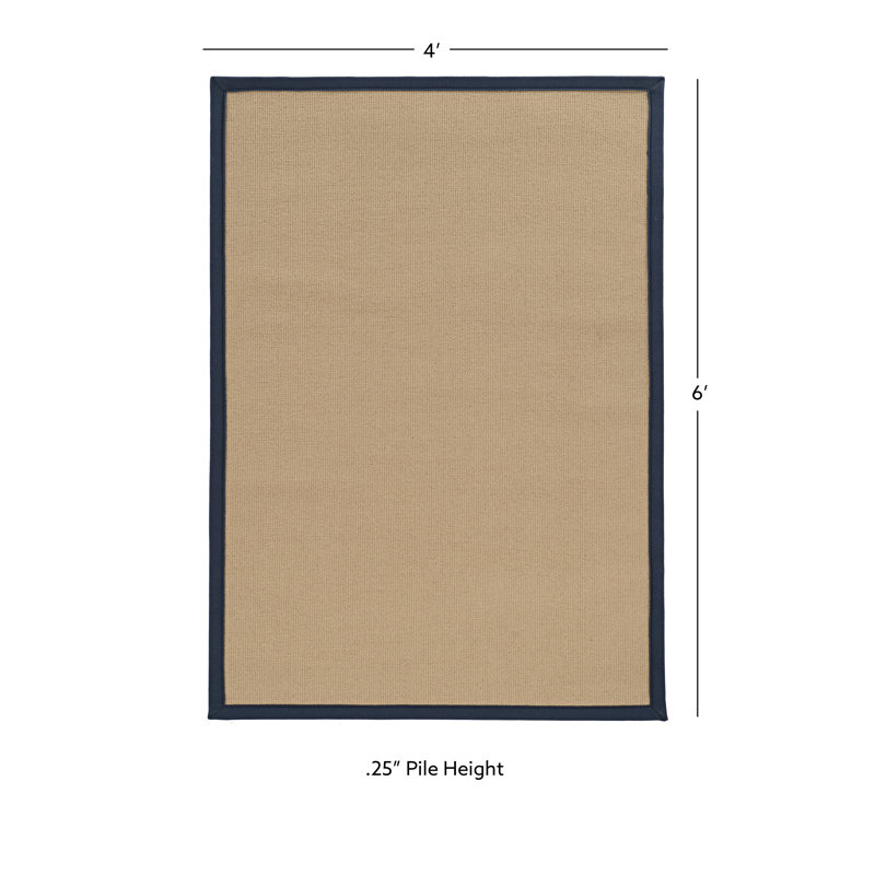 Nannette Handmade Medium Beige Berber with Navy Blue Cotton Border Made in the USA Area Rug, Rectangle 4' x 6'