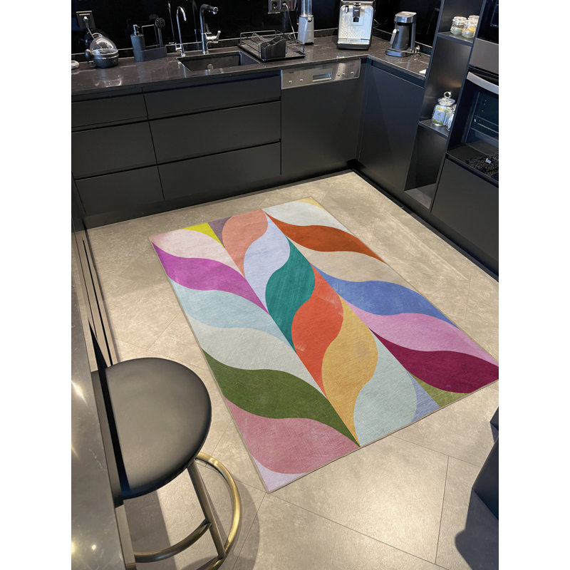 Multi-Colored Abstract Wavy Shape Patterned Modern Decorative Rug, Runner 3'3.37" x 6'6.74"