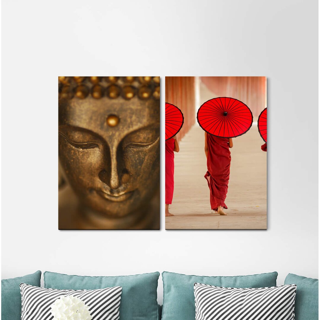 2-tlg. Leinwandbilder-Set - Fotografie "Buddha-Kopf-Asien-Meditation-Achtsamkeits-Yoga-Stille"