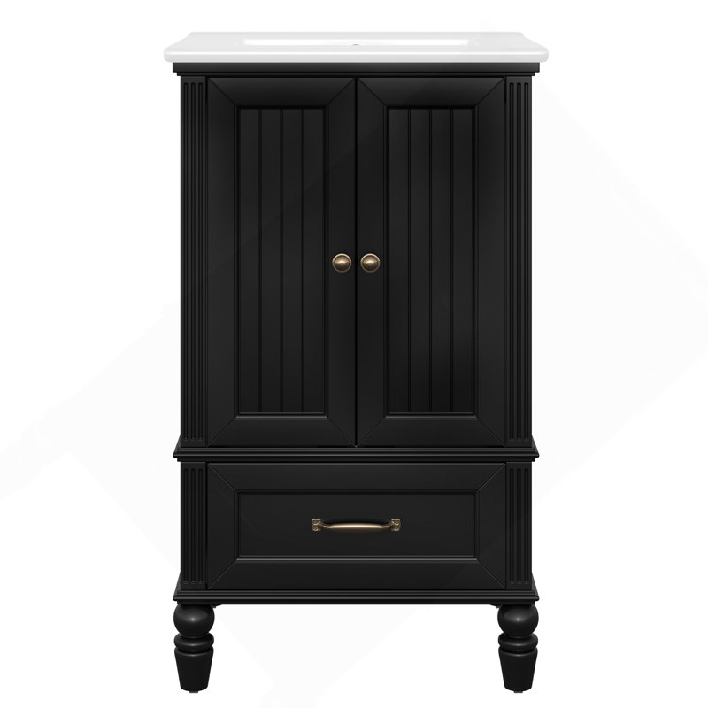 Meuble-lavabo de 20 po avec lavabo, armoire de salle de bain avec deux portes, butoir de porte magnétique et patins réglables, tiroir, noir