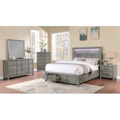 KENZO Modern Style Full 5PC Storage Bedroom Set Made With Wood, LED Headboard, Bluetooth Speakers & USB Ports - Grey(NJ INVENTORY)