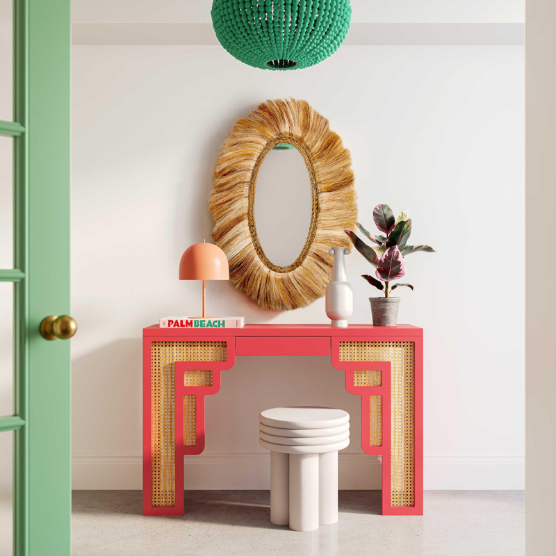 TOV Furniture Suzie Coral Pink & Rattan Console Table, Pink