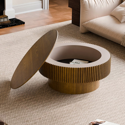 Table basse 31,5 po ronde avec rangement Table d'appoint moderne en placage de bois massif pour salon, chambre à coucher, appartement ou bureau