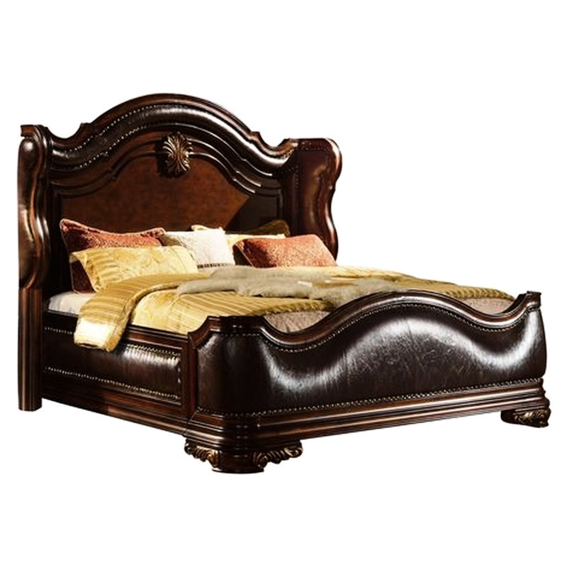 5 pièces pour lit très grand lit traditionnel en noyer foncé, tête de lit tapissier, commode et table de chevet en marbre, bois de noyer,