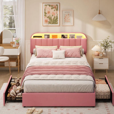 Queen/Full/Twin Size Velvet Bed Frame Adjustable Storage Headboard 2 Drawers LED Lights Platform No Box Spring Easy Assembly for Bedroom
