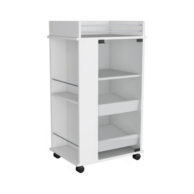 Bar Cart With Glass Door, 2-Side Shelves And Casters